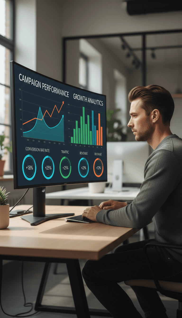 Digital marketer analyzing campaign performance metrics on a computer screen