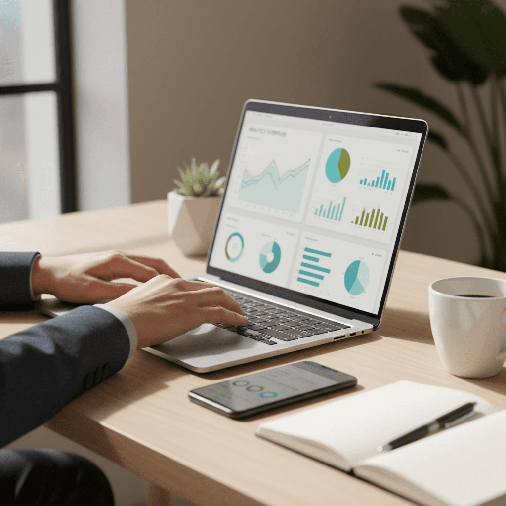 Digital marketing strategist reviewing campaign analytics and performance data at a modern workspace