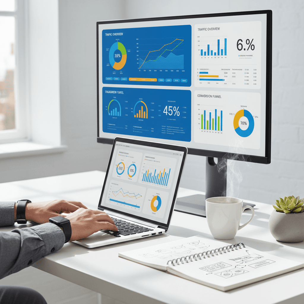 Digital marketer analyzing campaign performance data on a desktop monitor